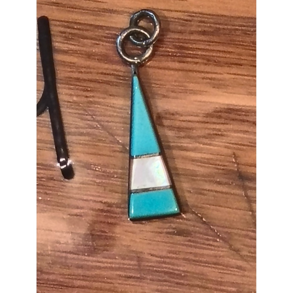Vintage Sterling Silver Turquoise Mother of Pearl Inlay Geometric Pendant Charm